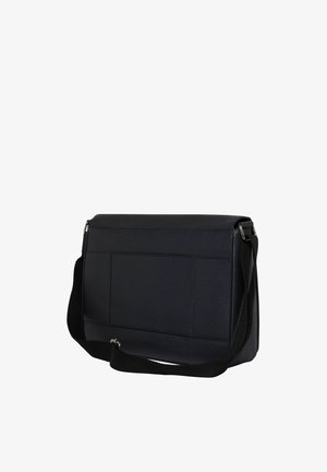 Sac messager bleu marine avec une forme structurée, un extérieur texturé, un rabat supérieur, une poche avant et une sangle ajustable.