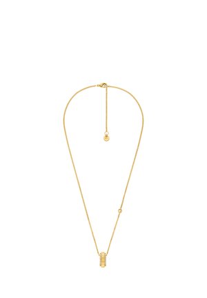 Halskette in Goldton mit feiner Kette und einem zentralen rechteckigen Anhänger, der mit kleinen klaren Steinen verziert ist und eine polierte Oberfläche aufweist.