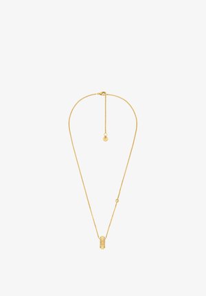 Halskette in Goldton mit feiner Kette und einem zentralen rechteckigen Anhänger, der mit kleinen klaren Steinen verziert ist und eine polierte Oberfläche aufweist.