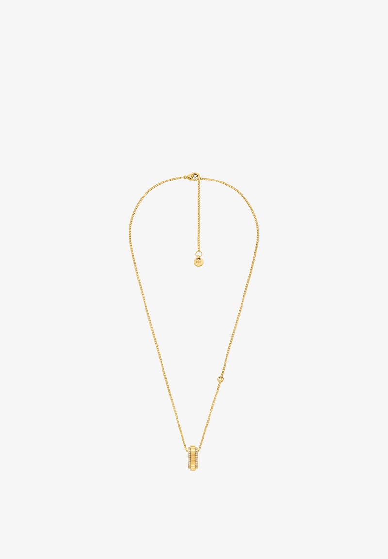 Collier ton or avec une chaîne fine et un pendentif central rectangulaire orné de petites pierres claires, présentant une finition polie.