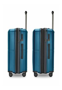 Hartschalenkoffer in Teal mit strukturiertem Finish, doppelte Reißverschlussöffnung, schützenden Füßen und vier Rädern. Verfügt über einen ausziehbaren Griff und einen Seitengriff.