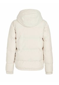 Veste doudoune beige clair avec capuche, présentant une texture matelassée, des poignets élastiques et un design court. Finition lisse sans fermetures visibles.