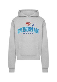 Grey hoodie with a front pocket, featuring a red Superman logo and blue text, "SUPERMA", and "LOOK UP IN THE SKY." Cotton blend fabric.