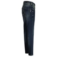 Vaqueros de mezclilla azul oscuro con corte slim, que cuentan con un diseño de cinco bolsillos, con un leve desgaste y un cierre clásico de botones.