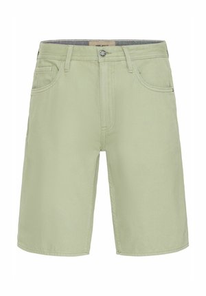 Lysegrønne shorts laget av bomullsblanding, med et klassisk femlommersdesign, glidelås og metallknapplukking.