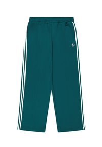 Pantalones de chándal en color verde azulado con franjas laterales blancas, cinturilla elástica y ajuste holgado. Elaborados con una tela suave de textura lisa. Pequeño logo en la parte frontal.