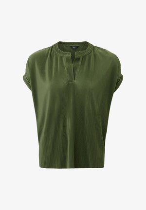 Blouse verte à manches courtes plissée avec encolure ronde et détail fente à l'avant, coupe ample.