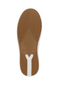 Semelle de chaussure en caoutchouc avec un motif en zigzag de couleur brune, présentant une bordure blanche et un logo stylisé "Y" au centre. Texturée pour l'adhérence.