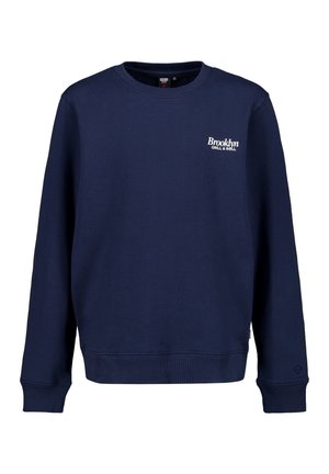 Sudadera azul marino con cuello redondo, mangas largas y texto blanco "Brooklyn Grill & Roll" en la parte superior izquierda del pecho.