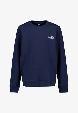 Donkerblauw crewneck sweatshirt met lange mouwen en witte tekst "Brooklyn Grill & Roll" op de linkerbovenborst.
