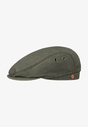 Flat olive green fabric cap with side ventilation eyelets and a small round brand emblem near the back edge.