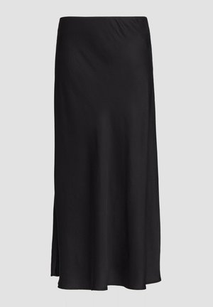 Jupe noire mi-longue en tissu lisse et extensible. Présente une silhouette droite avec une fente latérale pour un détail supplémentaire.