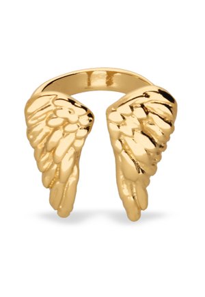 Anillo en tono dorado con diseños detallados de alas a cada lado, superficie lisa y pulida, y banda abierta para un ajuste ajustable.