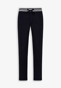 Marineblå sweatpants lavet af blødt stof, med en hvid og grå stribet elastik, snor i taljen og syede side detaljer.