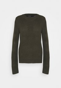 Pull tricoté vert olive foncé avec un col rond, manches longues et texture côtelée. Design simple, ajusté, sans ornement.