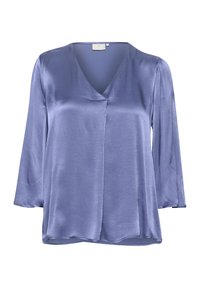 Top in satin lavanda con scollatura a V, maniche tre quarti e vestibilità ampia. Tessuto liscio con un design pulito e minimalista.