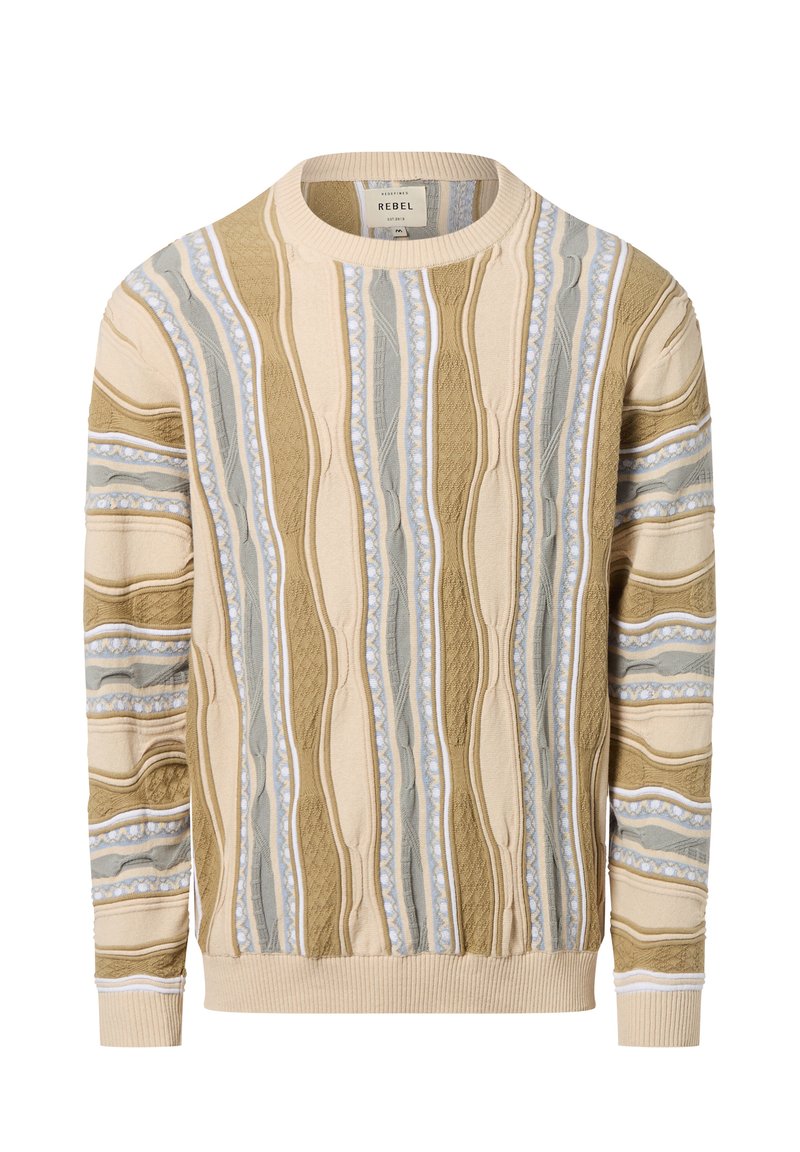 Beige Strickpullover mit strukturierten Wellen in grünen und blauen Streifen, mit gerippten Bündchen und Saum. Das Etikett trägt die Aufschrift "REBEL."