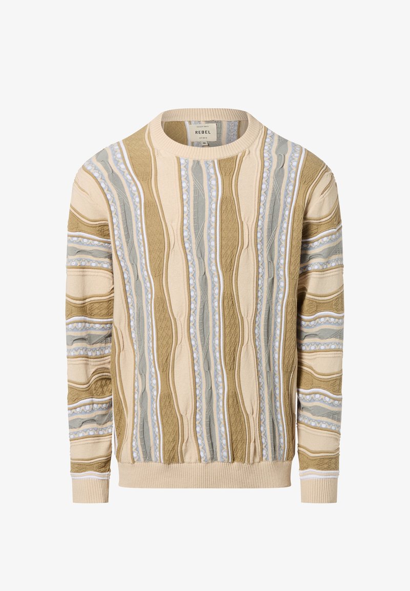 Beige Strickpullover mit strukturierten Wellen in grünen und blauen Streifen, mit gerippten Bündchen und Saum. Das Etikett trägt die Aufschrift "REBEL."