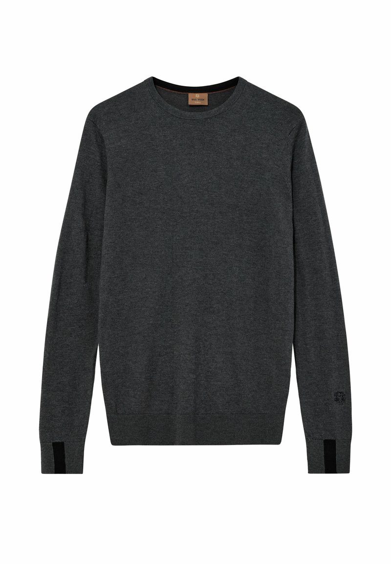 Maglione grigio scuro realizzato in morbido tessuto, con scollatura rotonda, maniche lunghe e dettagli neri sui polsini. Design semplice e classico.