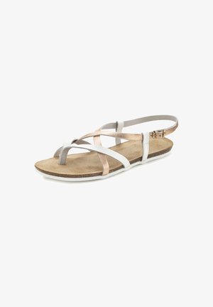 Sandales plates avec des sangles multicolores en blanc, gris et or rose, dotées d'une semelle intérieure beige texturée et d'une fermeture à boucle.