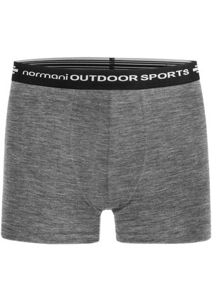 Graue Boxershorts mit meliertem Textur und einem schwarzen elastischen Bund, der den Text "normani OUTDOOR SPORTS" in Weiß zeigt.