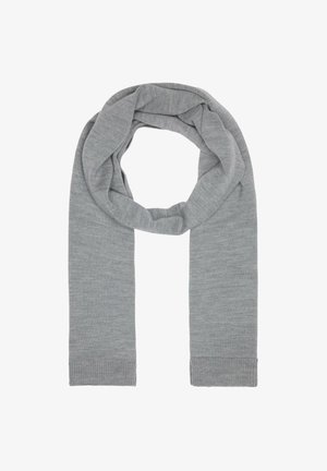 Grau gestrickter Schal mit einer weichen Textur, der ein durchgehendes Schlaufen-Design und gerippte Enden für zusätzliche Details aufweist.