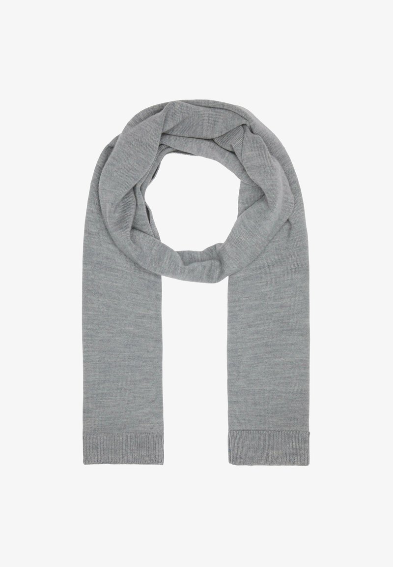 Grijze gebreide sjaal met een zachte textuur, met een continue lusontwerp en geribbelde uiteinden voor extra detail.