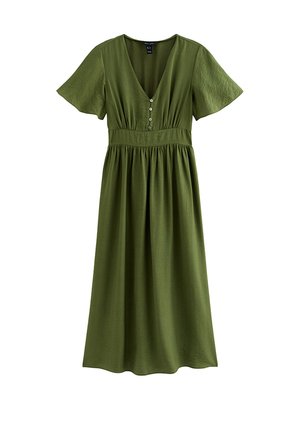 Groene midi-jurk met korte mouwen, V-hals, knoopsluiting aan de voorkant, getailleerde taille en geplooide rok, gemaakt van lichtgewicht stof.