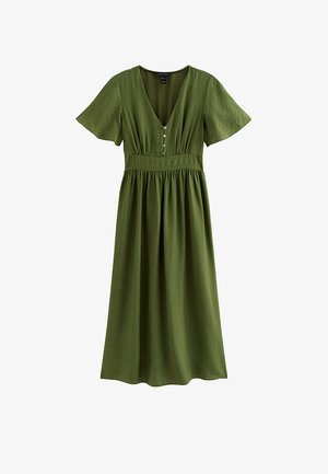 Vestido midi verde con mangas cortas, escote en V, botones en la parte delantera, cintura ajustada y falda fruncida, confeccionado con tela ligera.
