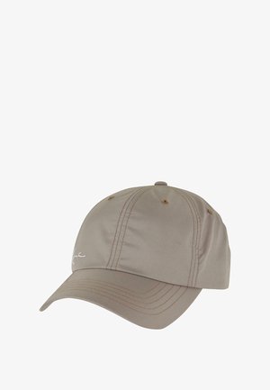Beige Kappe aus Stoff mit runder Krone, gebogenem Schirm und sichtbaren Nähten. Hat ein gesticktes Logo auf der Vorderseite.