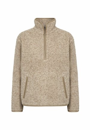 Beige flísový pulovr s vysokým límcem, čtvrtovým zipem a dvěma předními kapsami. Disponuje měkkou, strukturovanou tkaninou a kontrastní hnědou výztuhou.