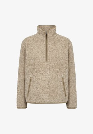 Beige fleece-pullover med hög krage, fjärdedels dragkedja och två framfickor. Har mjukt, texturerat tyg och kontrasterande beige trim.