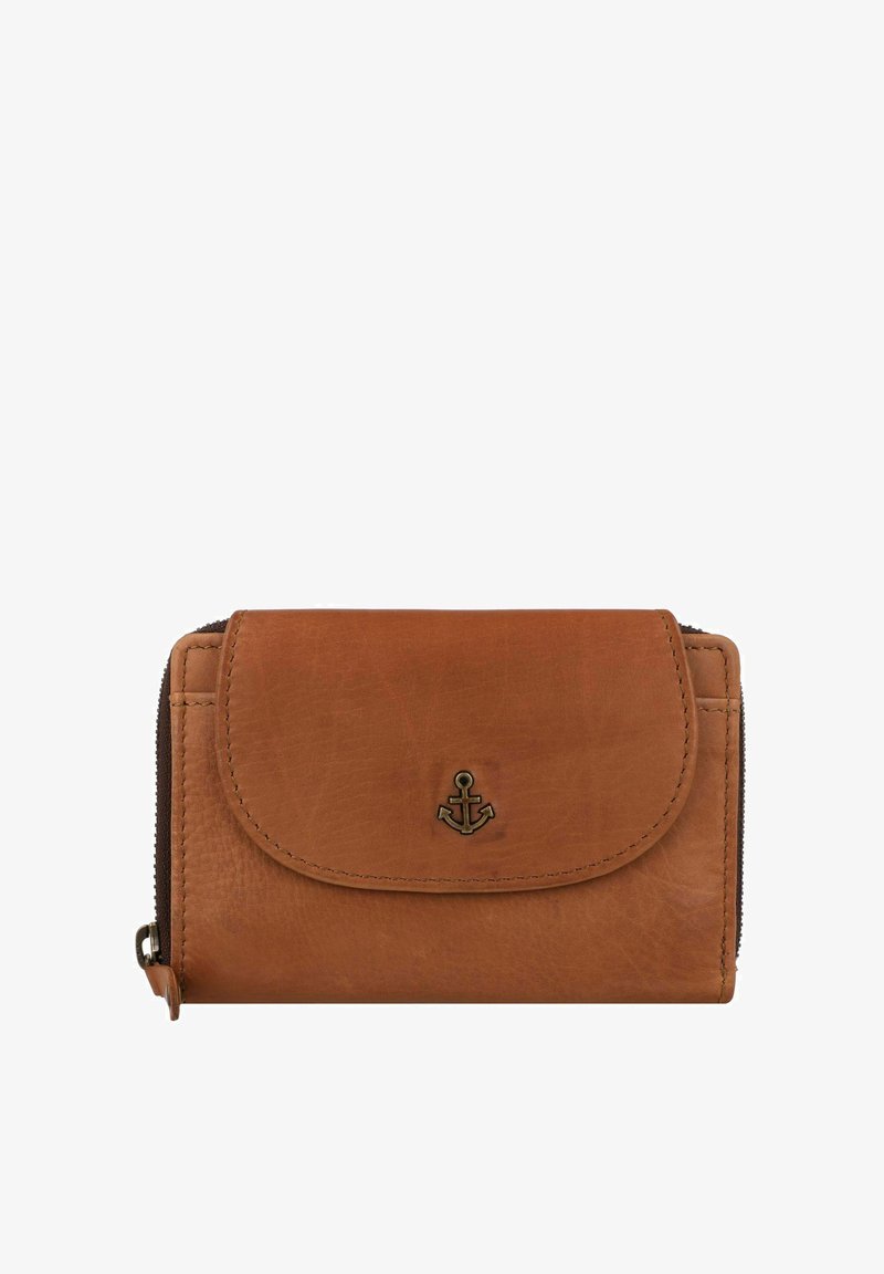 Portefeuille en cuir marron avec une surface texturée, rabat pliant et un emblème d'ancre en métal. Il dispose d'une fermeture éclair et de détails de couture visibles.