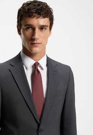 Gray tailored suit with a notch lapel, textured burgundy tie, and white dress shirt. Smooth fabric with fine detailing on the jacket.