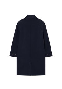 Ναυτικό μπλε παλτό με ίσια γραμμή, ραγκλάν μανίκια και κουμπωτές μανσέτες. Λείος υφασμάτινος τύπος, μονόκουμπο πίσω και κλασικός σχεδιασμός γιακά.