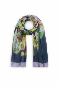 Foulard léger à motifs présentant des couleurs vives comme le vert, le jaune et le violet. Tissu semi-transparent avec une bordure lilas.