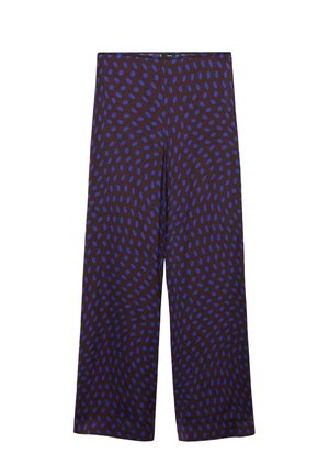 Pantaloni a gamba larga in tessuto viola scuro con un motivo ovale blu su tutta la superficie. Texture morbida con vestibilità rilassata e design a lunghezza intera.