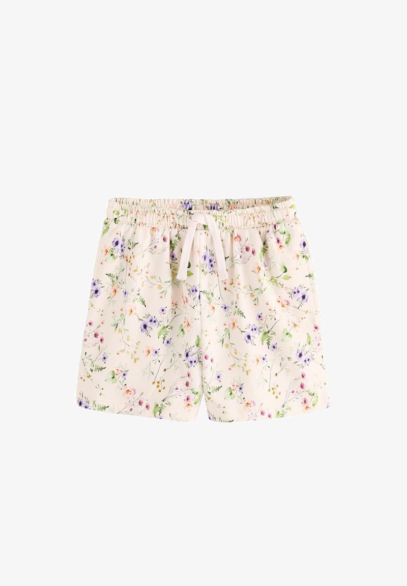 Shorts di cotone floreali con vita elastica e cordino, caratterizzati da uno sfondo di un crema chiaro e piccoli motivi floreali multicolori.