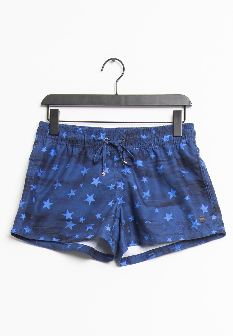 Short de bain bleu marine avec un motif étoilé. Comprend une ceinture élastique avec un cordon de serrage et des poches latérales. Texture de tissu lisse.