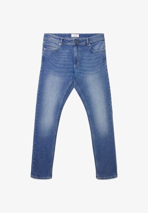 Jasnoniebieskie jeansy z denimu o prostym kroju, z pięcioma kieszeniami, przeszyciami i zapięciem na guziki. Tkanina ma miękką, teksturowaną powierzchnię.