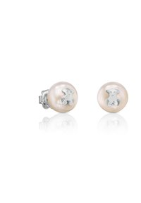 Orecchini a perla a bottone con accenti di orsetto in argento; forma rotonda, texture liscia e una sfumatura di rosa tenue. Superficie riflettente che aggiunge brillantezza.