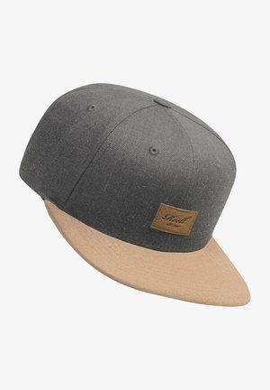 Gray fabric cap with a beige flat brim and a brown leather logo patch on the front. The texture is smooth with stitched detailing.