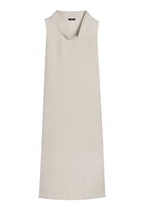 Sukienka z lnu bez rękawów w jasnobeżowym kolorze z okrągłym dekoltem, prostym krojem i wykończonymi brzegami; minimalistyczny design, bez wzorów czy ozdób.