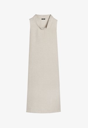 Sukienka z lnu bez rękawów w jasnobeżowym kolorze z okrągłym dekoltem, prostym krojem i wykończonymi brzegami; minimalistyczny design, bez wzorów czy ozdób.