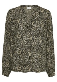 Zwarte blouse met een bloemmotief in beige tinten, een V-hals, lange mouwen en een losse pasvorm. Gestructureerde, lichtgewicht stof.