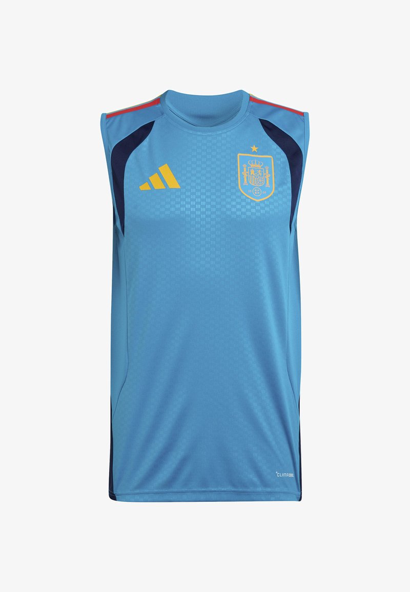 Lichtblauw mouwloos voetbalshirt met gele accenten, met het crest van het Spaanse nationale team en het Adidas-logo aan de voorkant.