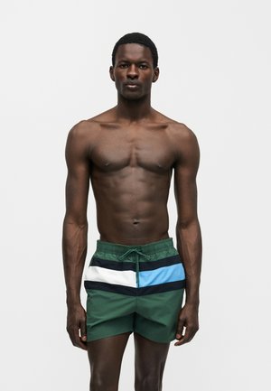 Wysportowany mężczyzna stojący na jednolitym tle, ubrany w zielone kąpielówki z białymi, czarnymi i niebieskimi poziomymi paskami w talii.
