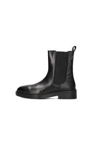 Black leather ankle boot with elastic side panel, textured heel, pull tab, and low stacked heel on white background.