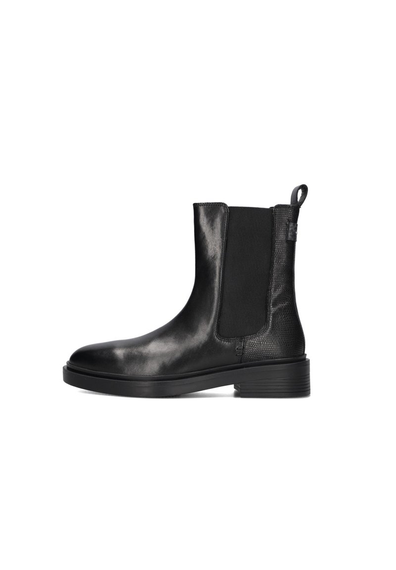 Black leather ankle boot with elastic side panel, textured heel, pull tab, and low stacked heel on white background.