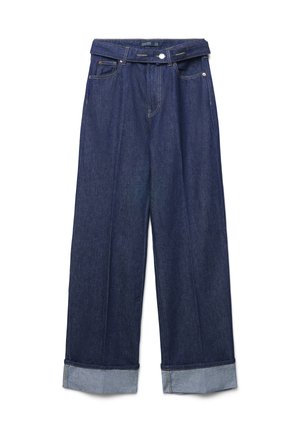 Jeans in denim blu scuro a gamba larga con orli arrotolati, tasche anteriori, passanti per cintura e chiusura con bottone in vita.